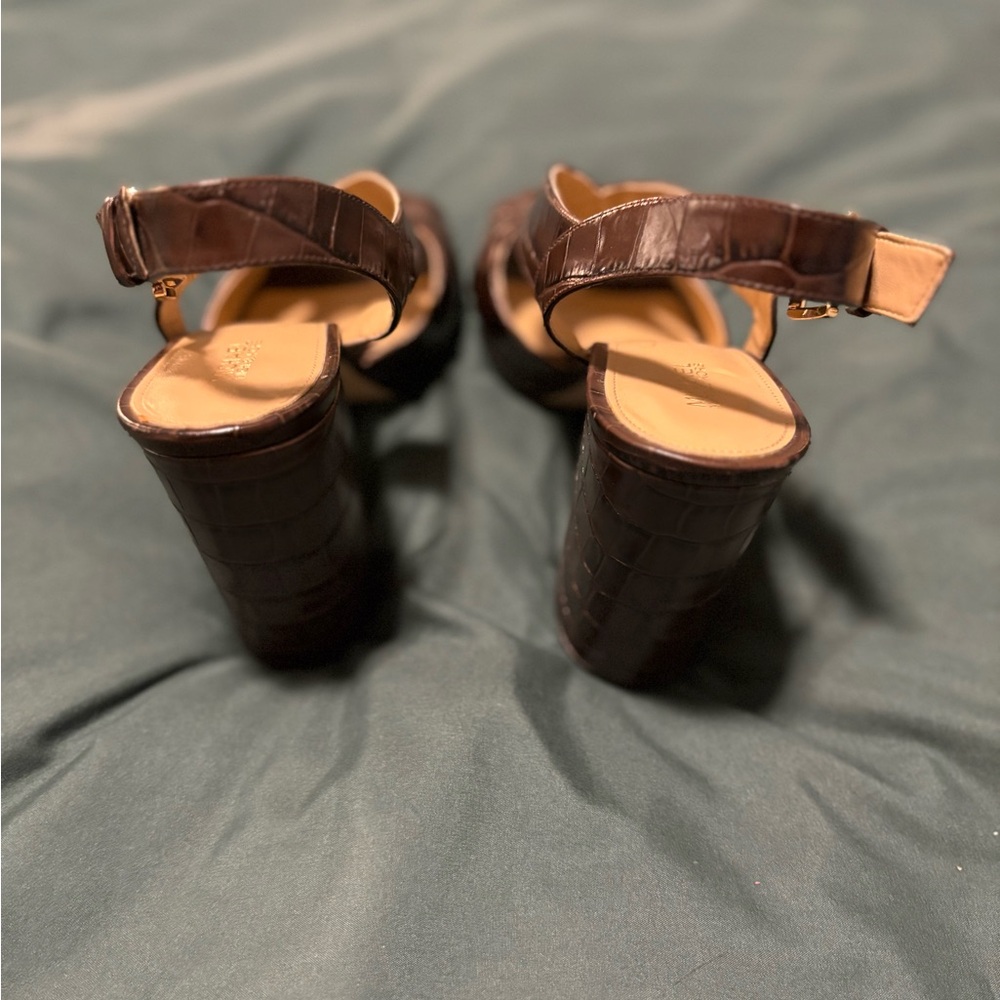 Michael Kors Becky Embossed Leather Sandal Heels Elegant Brown Slingback Heels - Picture 5 of 6